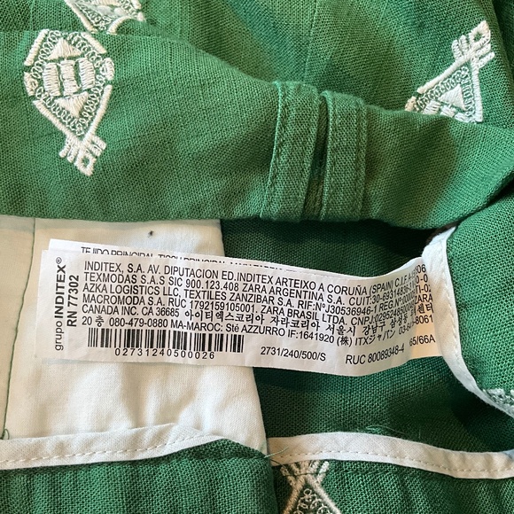 Zara Linen Embroidered Wide Leg Pants Lounge Travel Resortwear Green White S - Picture 9 of 10